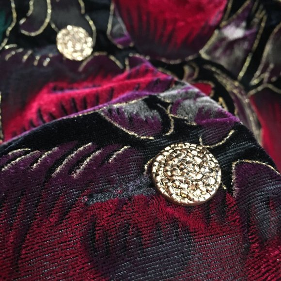 Vintage Floral Black, Emerald Green, Red + Gold Velvety Cardigan/Light Jacket - Picture 4 of 6